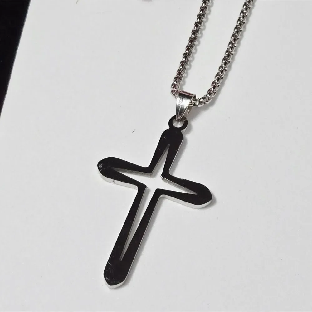 Silver Hollow Cross Pendant Necklace Stainless Steel Unisex Box Chain Jewelry